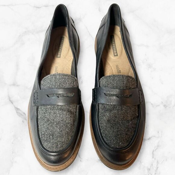 Clarks Women’s Raisie Eletta Loafer Black Leather Tweed 10 Soft Cushion - Picture 1 of 12